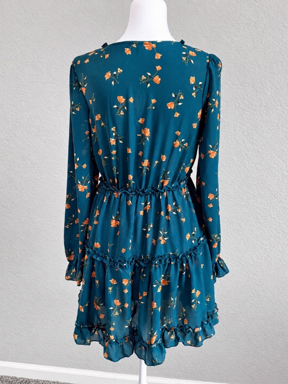 Inspired Hearts Teal Floral Ruffle Mini Dress Long Sleeve Boho Western Sz Small - Picture 5 of 11
